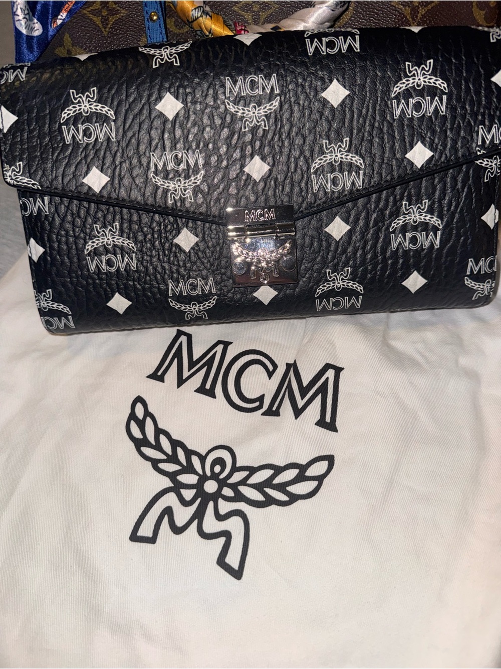 MCM Black Visetos Envelope Clutch with White Logo Print